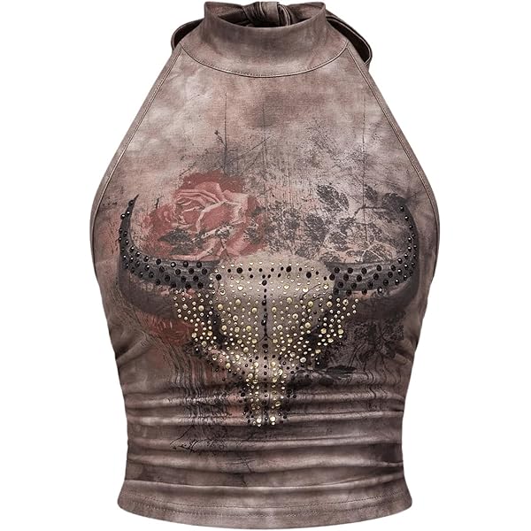 SOLY HUX Women's Y2k Graphic Halter Tops Tie Backless Rhinestone